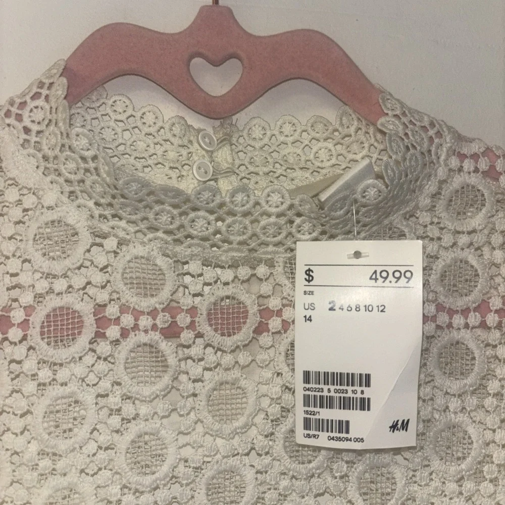 H&M White Eyelet Lace Mock Neck Blouse Long Sleeve Sheer Boho Top NWT Size 2